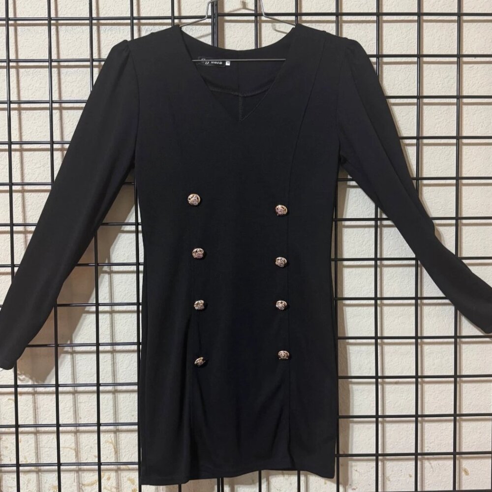 NEW NWOT Definia Brand long sleeve little Black cotton dress w/Gold buttons